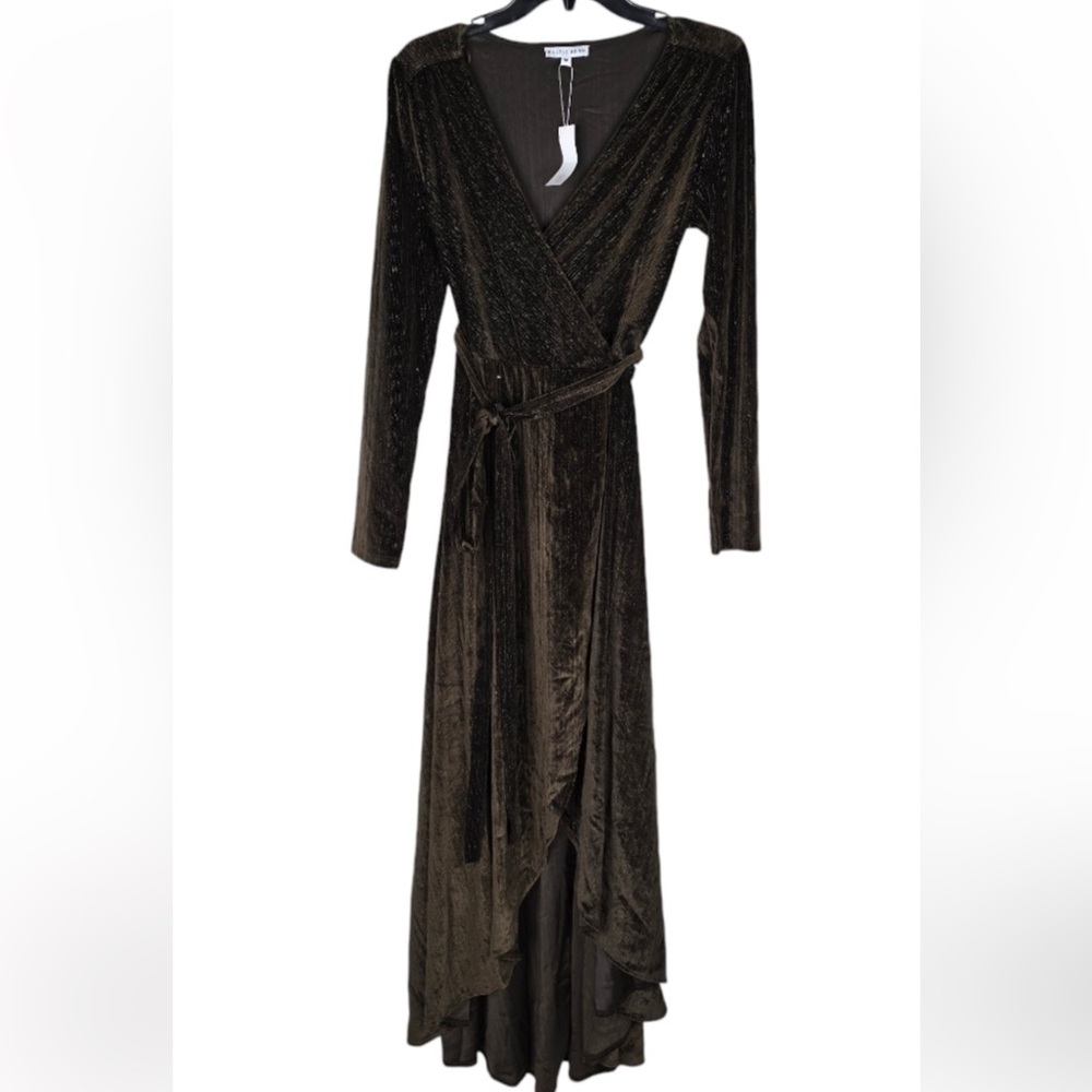 Baltic Born Womens Medium Serena Brown Metallic Longsleeve Wrap Dress